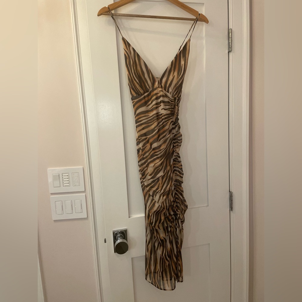 Socialite dark brown and tan mesh overlay ruched side dress. Size S.